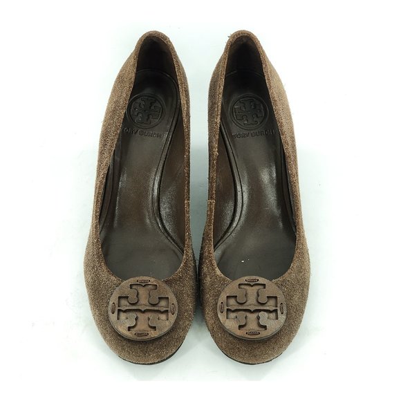 TORY BURCH Olive Green Suede Wedge Pumps Heels Medallion - Picture 1 of 8